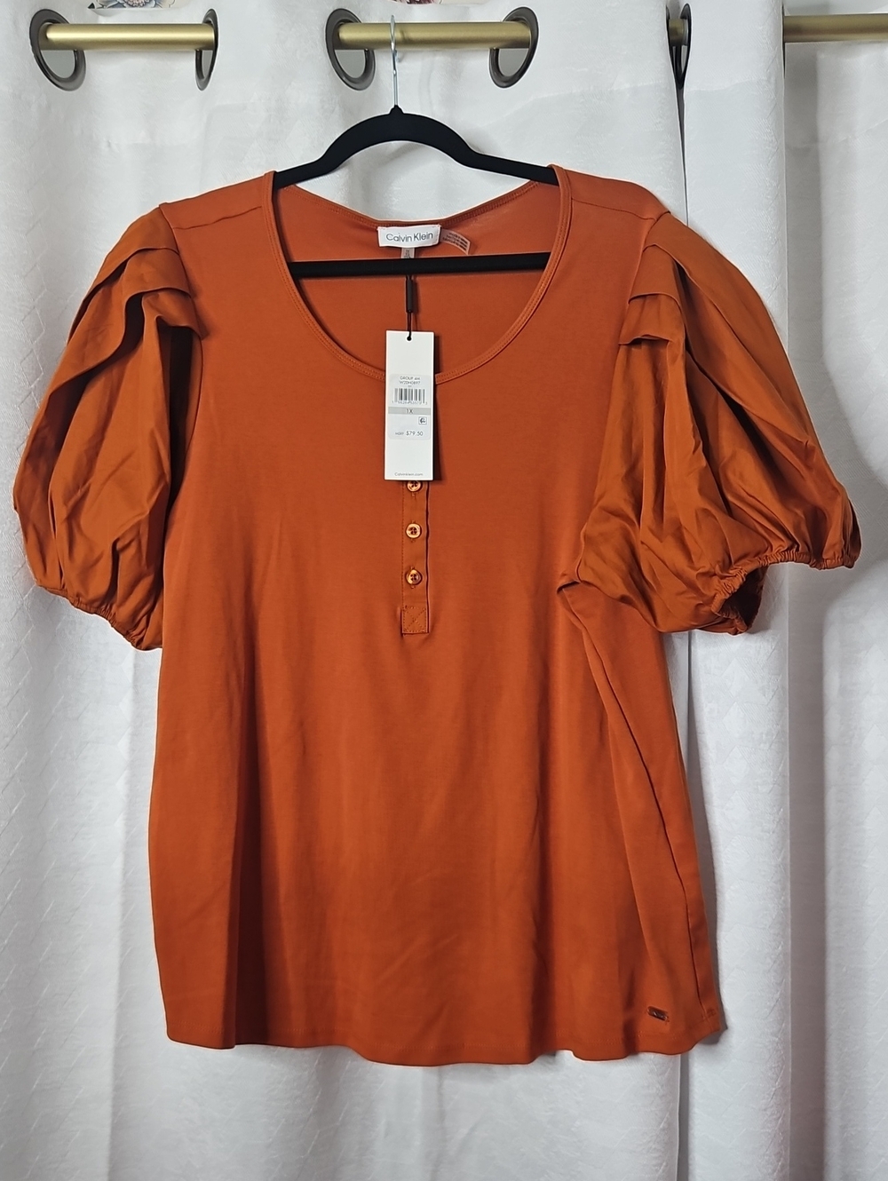 Calvin Klein Burnt Orange Puff Sleeve Henley Top